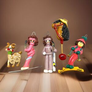 VTG Vail Colorado Christmas Ornament Lot Of 5 Polymer Clay Figural Woman Skier